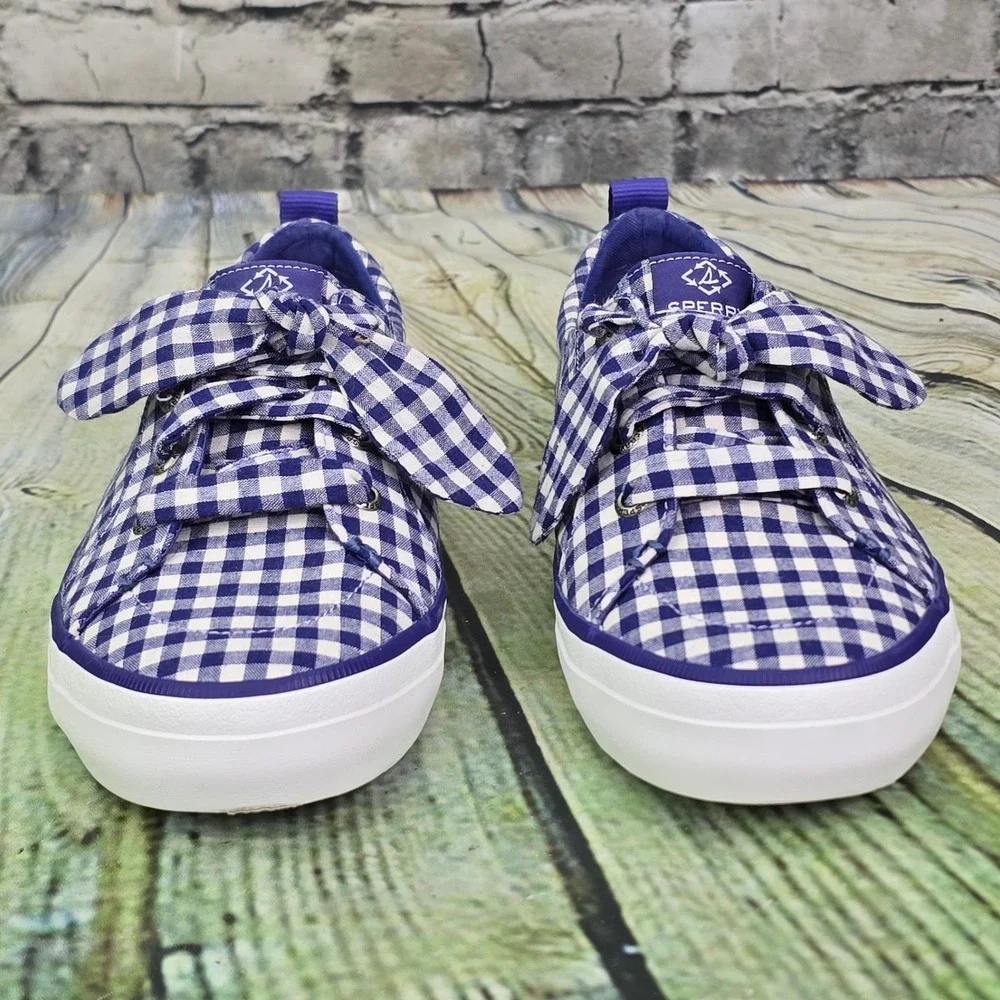 Sperry Crest Vibe Gingham Bow Sneakers Womens 9 Blue White Checkered STS88726
